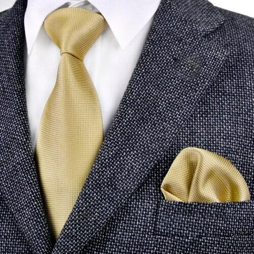 Solid Checked Gold Yellow Champagne Khaki Beige Mens Neckties Tie Set 100% Silk Jacquard Woven Ties Pocket Square Casual Formal