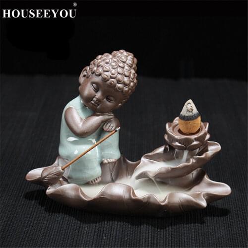 Glaze Ice Crack Ceramic Buddha Backflow Incense Burner +10Pcs Cones Little Monk Waterfall Incense Holder Aroma Smoke Joss Censer
