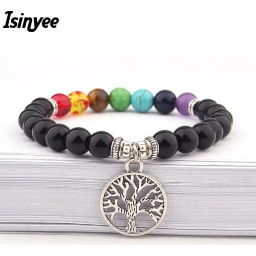ISINYEE 2021 Fashion Tree Of Life Charm Bracelets For Women Men 8MM Black Natural Stone Chakra Yoga Prayer Beads Bracelet