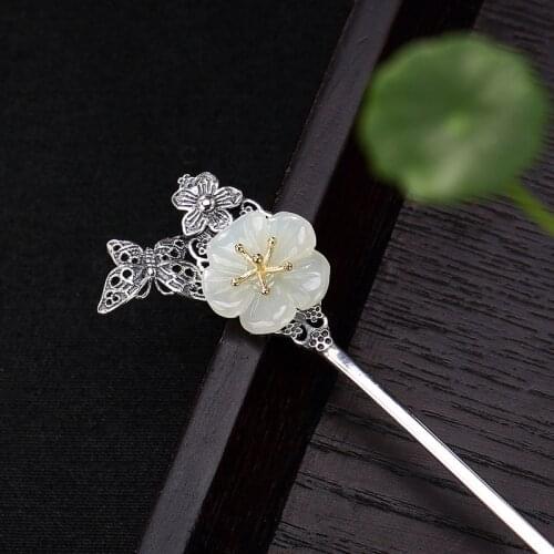 925 Sterling Silver Chinese Jade Hair Stick Hanfu Hair Accessory Sticks Women Haipin Butterfly Flower Luxury Jewelry Vintage