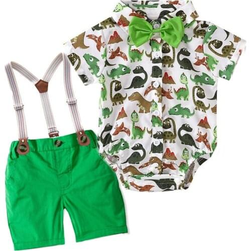Summer Set Boy Dinosaur Clothes Printed Jumpsuit + Suspender + Shorts 4 Pieces Newborn Baby Children Green Romper Outfit