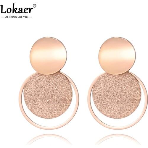 Lokaer Stainless Steel Jewelry Rose Gold Color Frosted Sheet Circle Curved disc Stud Earrings E18446