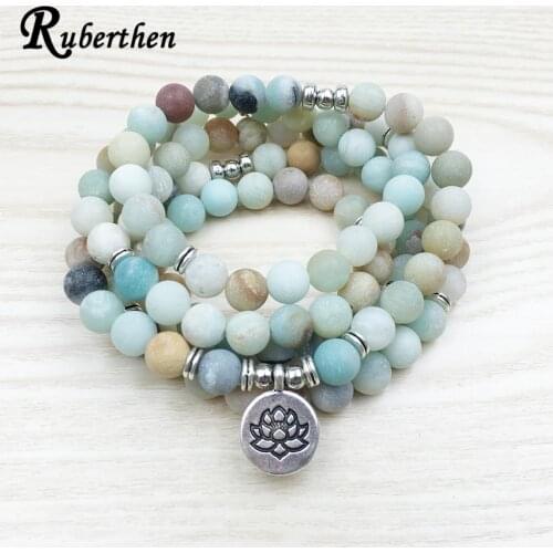 Ruberthen Fashion Women`s Matte Amazonite 108 Mala Beads Bracelet or Necklace High Quality Lotus Charm New Design Yogi Bracelet