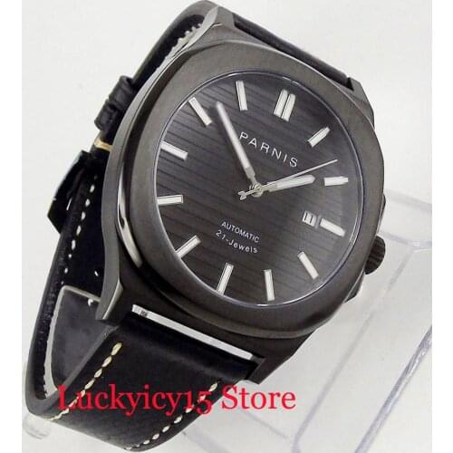 PARNIS Whole Black Sapphire Crystal 44mm Automatic Mens Watch Self Winding Auto Date Wristwatch PVD Watch Case