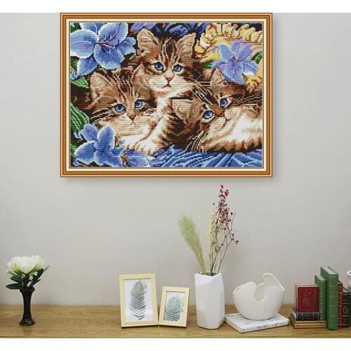 Cute Animal Cross Stitch Kit Three Kittens Joy Sunday 11CT14CT Printed DIYCross Stitch Embroidery Needlework Set Home Decoration