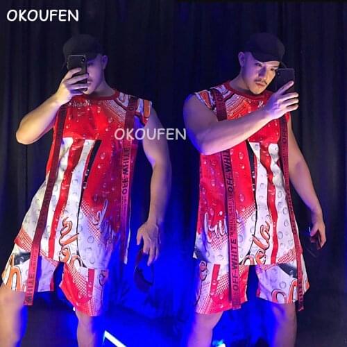 Nightclub bar male singer DJ DS hip-hop print loose vest costume suit stage show performance set