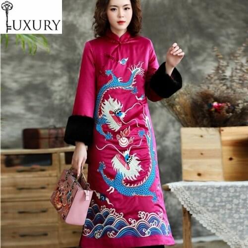 Winter 2020 Top Quality Warm Women Luxurious Phonix Embroidery Cotton Padded Long Sleeve Parka Purple Dark Blue Dress 3xl