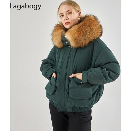 Lagabogy 2021 Winter Large Natural Fur Hooded 90% White Duck Down Coat Women Thick Warm Parkas Female Loose Snow Puffer Jackets