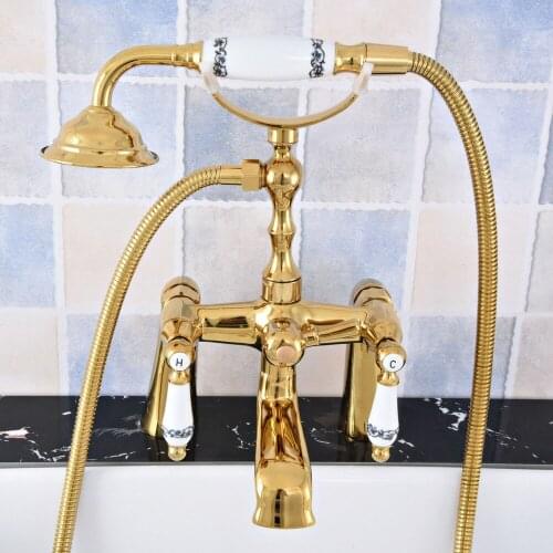 Luxury Gold Color Brass Deck Mounted Bathroom Tub Faucet Dual Handles Telephone Style Hand Shower Clawfoot Tub Filler atf779