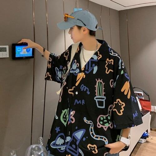 Printed shirt mens short-sleeved 2021 summer new Korean fashion blouse high street personalized casual loose vintage clothes