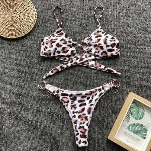 Sexy Brazilian Leopard Bikinis New Metal Rings Brazilian Women Swimwear Female Swimsuit Thong Bather Bathing Suit Swim