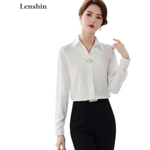 Lenshin Women Satin Fabric Shirts Elegant Turn down collar Blouse Work Wear Office Lady Female OL Tops Chemise Loose style