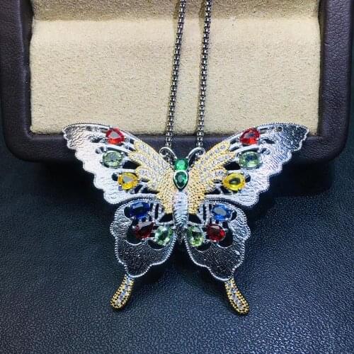 Grace Butterfly fly natural Multicolor sapphire brooch Pendant natural gemstone pendant Two uses S925 silver lady party jewelry