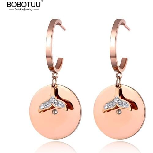 BOBOTUU Stainless Steel Rose Gold Drilling Disc Earrings Bohemia Rhinestone Fish Tail Creative Jewelry For Women Girls BE19103