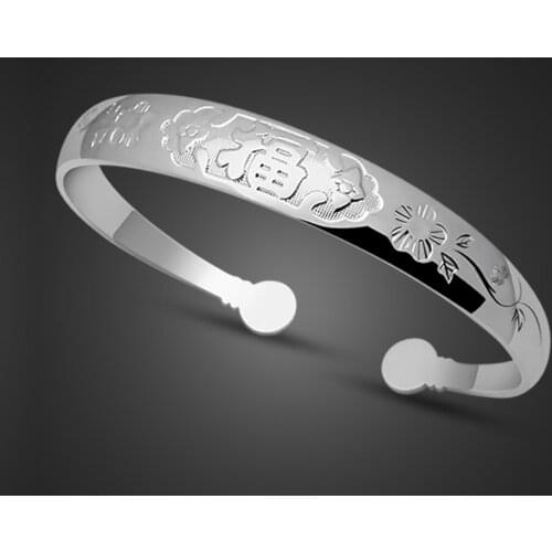 Vintage Chinese Style Blessings & Longevity Silver Bracelet Simple 100% 925 Sterling Silver Women Bangle Jewelry Gift For Elders