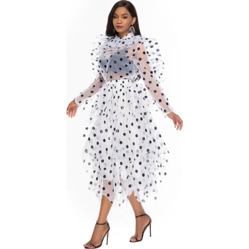 Women Blouse Skirts 2 Pieces Set Polka Dot Suits Ruffle Thin Transparent Shirts Elegant Tutu Jupes Cute Fashion Summer Plus Size