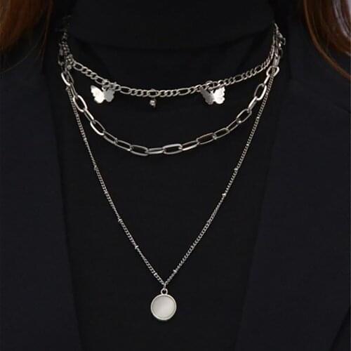 Hot Gothic Multi-Layer Thick Chunky Chain Butterfly Necklace Women Silver Color Rhinestone Pendant Necklaces Aesthetic Jewelry