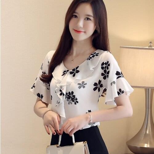2021Fashion Chiffon printing Casual Ladies Shirt ladies tops Women Flared sleeves Korean style Blouse