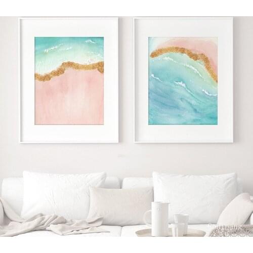 Abstract Beach Wall Art Pink Turquoise Gold Ocean Large Poster Canvas Art Landscape Painting Wall Pictures For Living Room