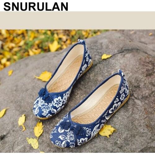 SNURULAN Chinese Knot Women Floral Fabric Ballet Flats Spring Summer Vintage Ladies Comfort Slip on Canvas ballerinas Shoese090