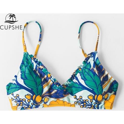 CUPSHE Green Floral Bikini Top Women Sexy Lace Up Tank Single Padded Bra Top 2021 New Girls Separate Swimwear Bathing Bra Top