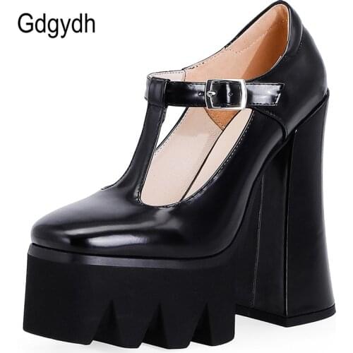 Gdgydh Spring Autumn Platform Thick Sole Pumps Women Patent Leather T Strap Ladies Footwear Shoes High Heels Top Quality White