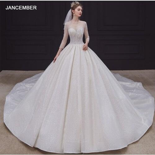 HLF18 Three Quarter Sleeve Wedding Dresses Full Beads Lace Up Back Shiny Ball Gown Vestido Novia Civil Abito Sposa