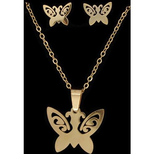 100% Stainless Steel PVD Gold Filled Butterfly Earring Necklace Jewelry Set Wholesale 45cm Pendant Necklaces AAAAA Quality