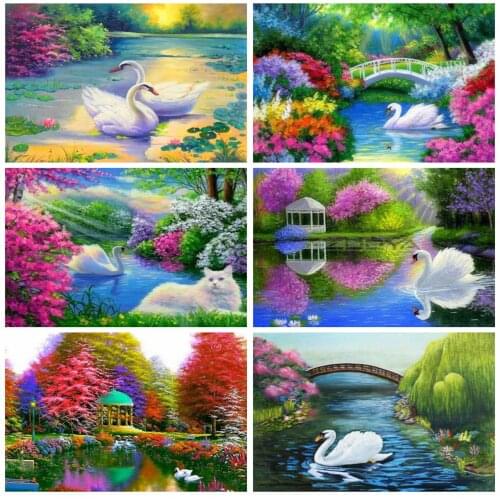 MomoArt DIY Diamond Mosaic Swan Needlework Diamond 5D Painting Animal Cross Stitch Kits Lake Bead Embroidery Home Decor