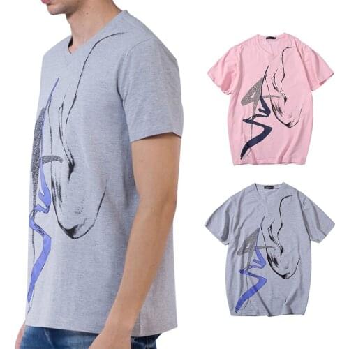 Mens Ink Painting Graphic Casual T-shirt V Neck Short Sleeves Cotton Tops