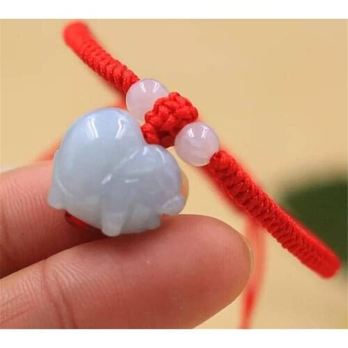 Natural Burma Jadeite Hand knitted Lucky Red Black Rope Chain 3D Pig Charm Bracelet Men Women or Lovers Wrist Jewelry Wholesale