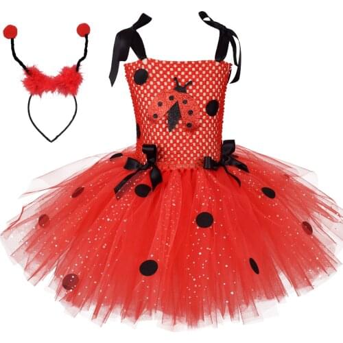 New Christmas Princess Dress for Children Girls Cartoon Ladybug Tulle Tutu Dress with Hairband Halloween Cosplay Costumes