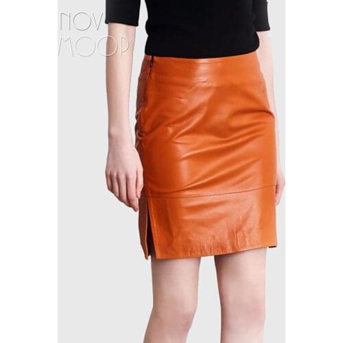 OL orange black genuine leather skirts women slim split pencil skirt faldas jupe saia etek 100%lambskin skirt Free ship LT596