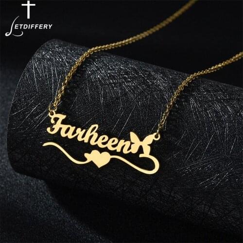 Letdiffery Trendy Personalized Nameplate Butterfly Necklace Custom Name Heart Pendant Necklaces Jewelry for Women Girls Gifts