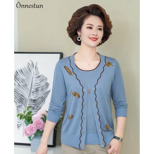 Real Two Pieces Sets Sweater Women Autumn Long Sleeve Mother Sweater Set Shirt + Cardigan Plus Size Embroidery Sweater For Women