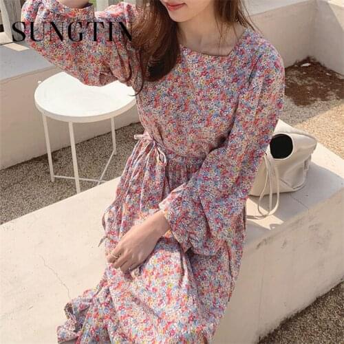 Sungtin Elegant Lace Up Long Sleeve Women Printed Floral Dress Loose Female Flower Dress 2021 Slim Waist Korean Vestidos Femme