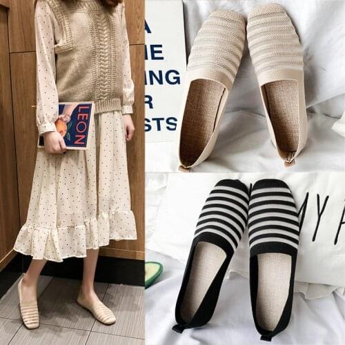 Womens Flat Shoes with Color Matching Stripes Knit Casual Soft-soled Shoes Womens New Breathable Soft-soled Casual Flat Shoes