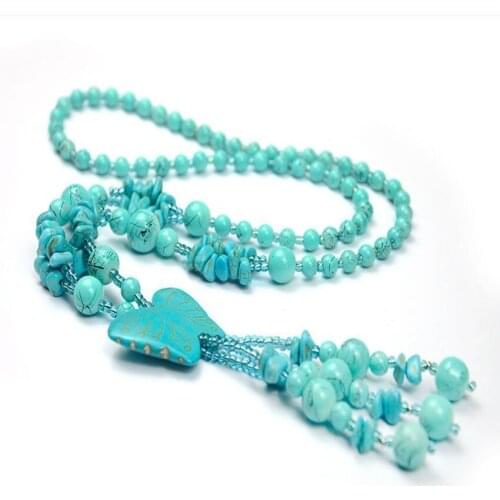 FYJS Unique Handmade Weave Butterfly Shape Green Turquoises Stone Pendant Long Beads Chain Necklace Ethnic Style Jewelry