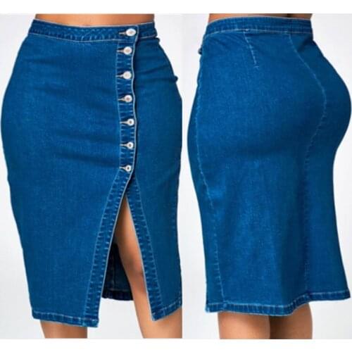 FNOCE 2020 autumn winter womens denim skirt street fashion casual solid high waist tight stretch bag hip Knee-Length skirt