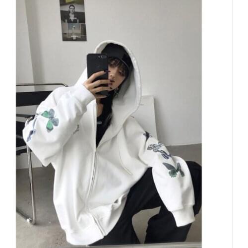 Womens Oversized Zip Up Hoodie Butterfly Print Long Sleeve Loose Hooded Sweatshirts Autumn Ladies Casual Hoodie Cardigan Top