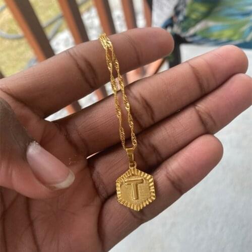 A-Z Gold Chain Initial Necklace Goth Choker Engraved Letter Hexagon Necklace Stainless Steel For Women Girls Boho Jewelry BFF