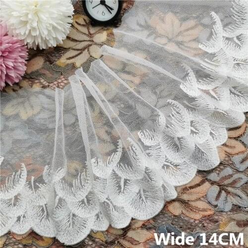 14CM Wide Luxury Tulle Bright White Peacock Feather Embroidery Lace Ribbon DIY Wedding Dress Women Clothing Sewing Accessories