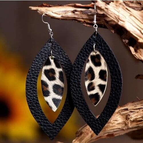 2020 New Product Double-sided PU Leather Earrings Hollow Horse-eye Leopard-shaped Drop-shaped Leather Earrings