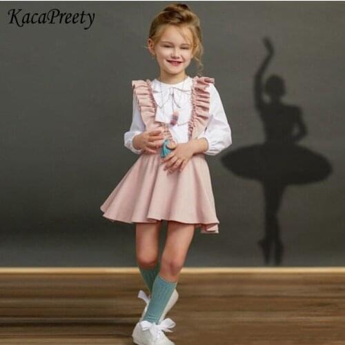 White school girls blouse autumn big bowknot long sleeve kids shirt+suspender dress 2pc set toddler girls clothing children suit