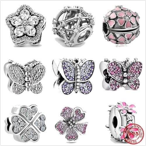 The new Flower Butterfly Pink chrysanthemum fit the original Pandora Charm Silver 925 Bracelet with DIY Womens Jewelry