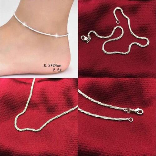 Chains Anklet Foot Jewelry for Women Girls Friend thin stamped silver plated Shiny Leg Bracelet Barefoot Tobillera de Prata