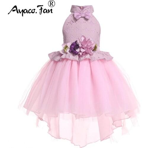 Girl Kids Lace Floral Mesh Dress 2019 New Fashion Girls Bow Tails Ball Gown Dress for Childrens Wedding Party Princess Sundress
