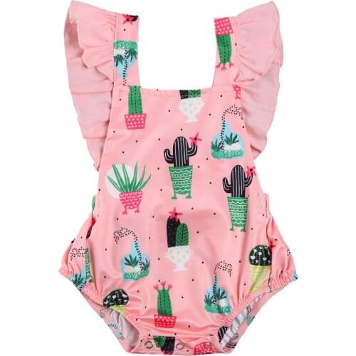 Girl Cartoon Cactus Print Falbala Flying Sleeve Casual Romper-A Good Choice For Baby Daily Wear Flying Sleeve Loose Jumpsuit