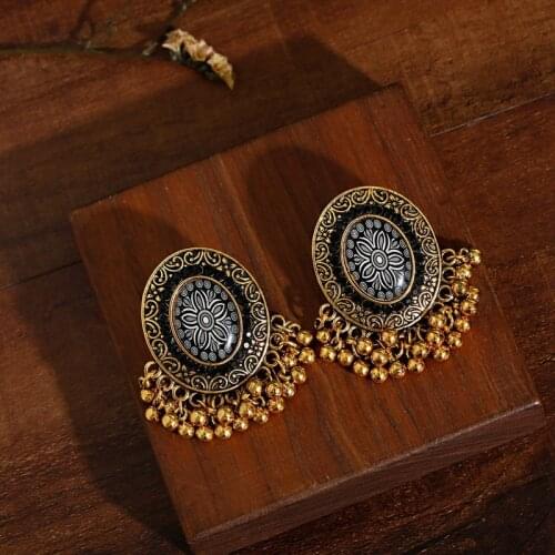Ethnic Black Flower Earrings Turkey Bijoux Vintage Bohemia Tassel Earrings Boho Gold Alloy Tribe Indian Jewelry