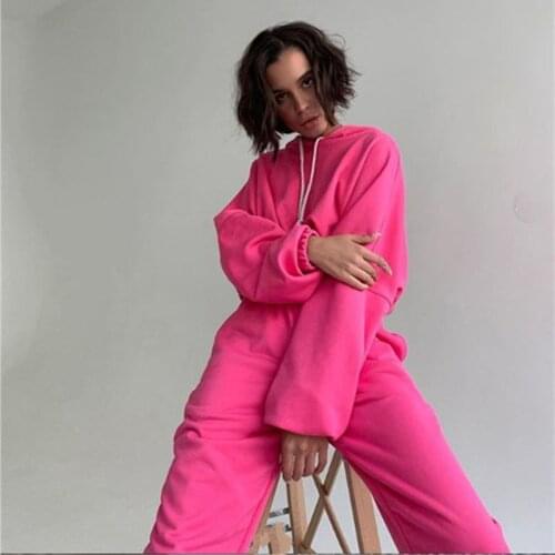Fleece Tracksuits Womens Solid Hoodie Two Piece Set Elastic Waist Sweatshirts Female Casual Sport Suit2021Autumn Spring